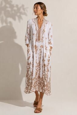 Tuckernuck Ro’s Garden Clorinda Kaftan Dress Leaf Sand Cotton XS Boho Midi
